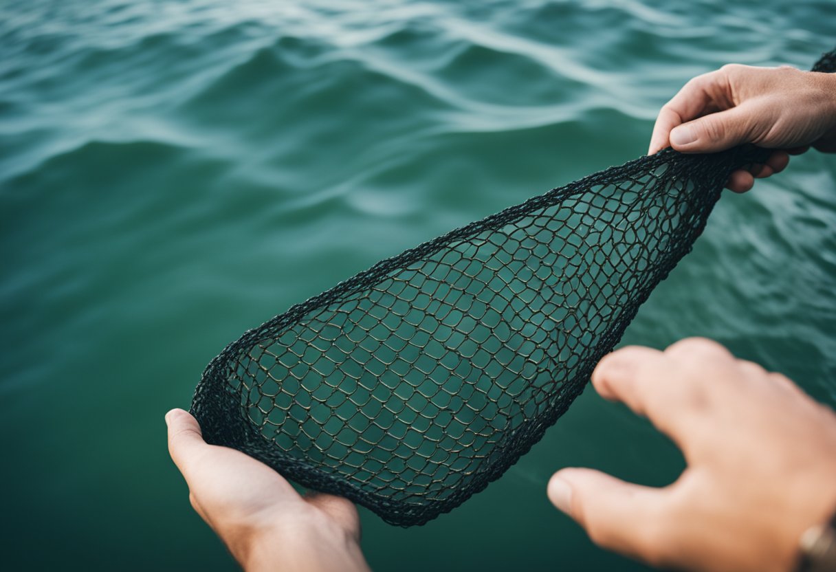 A rubber mesh fishing net is cast into the water, ready to catch the day's haul