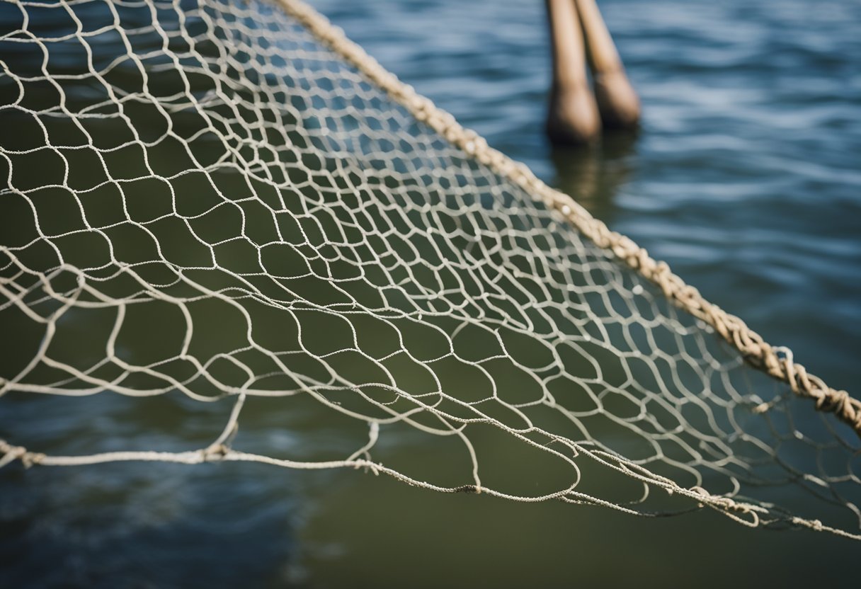 A rubber mesh fishing net being cast into the water, with a nylon net and knotless net nearby