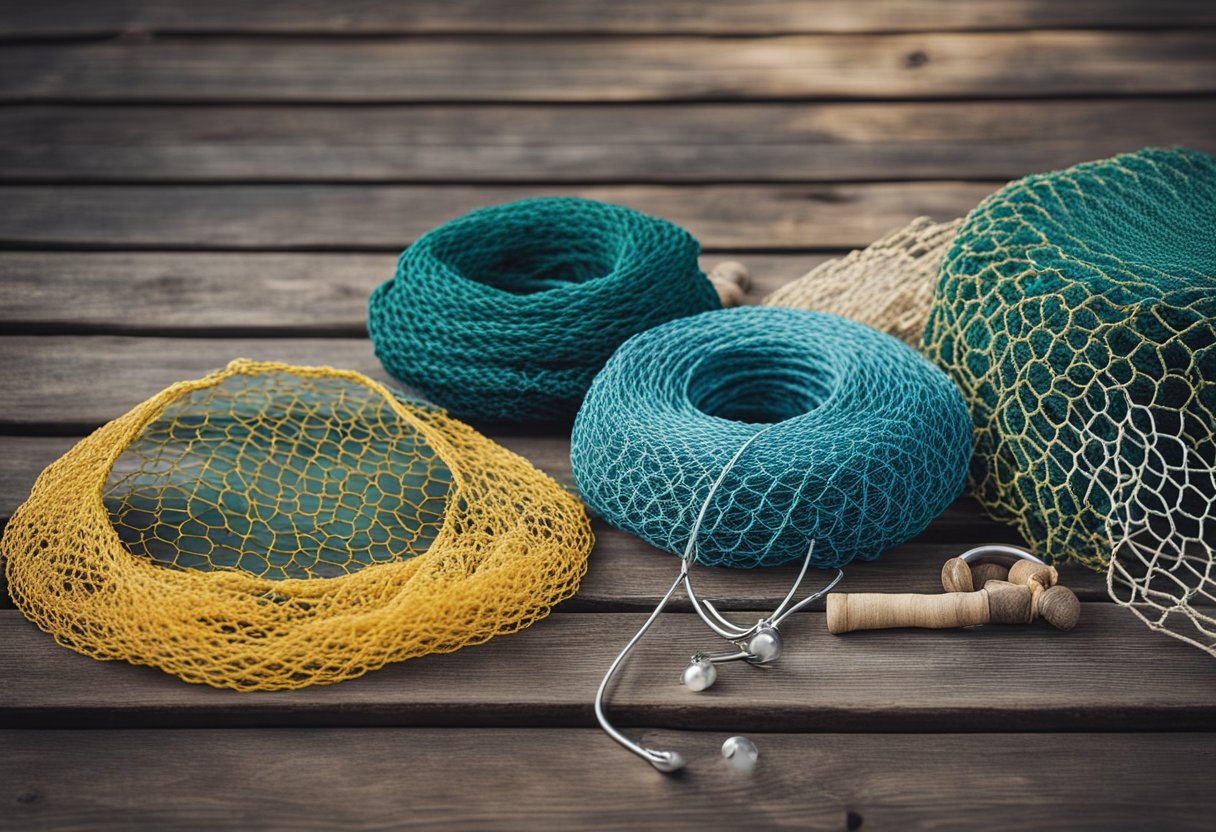 A variety of fishing nets laid out on a wooden dock, including stainless steel and wooden nets for trout and bass