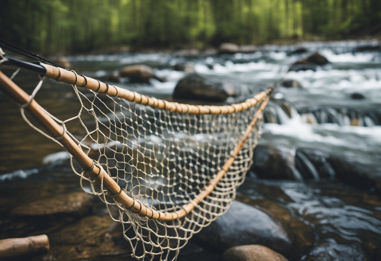 A wooden fishing net catching trout in a flowing river