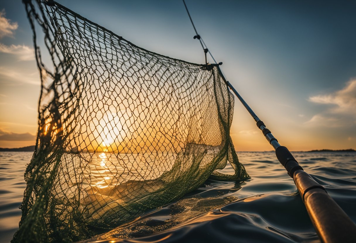 A saltwater fishing net being cast from a kayak, with the sun setting over the water