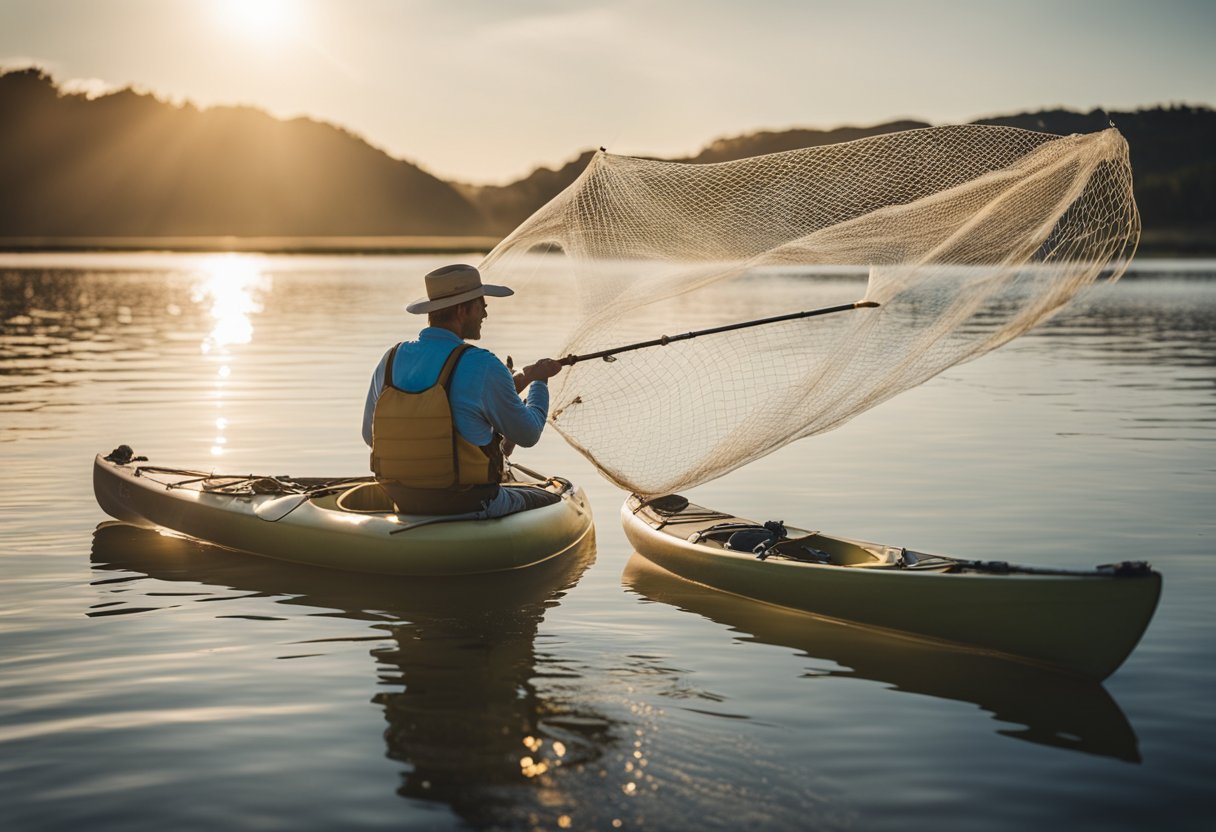 A fisherman casting a net from a kayak into the sparkling saltwater, with a fly fishing net and budget options nearby