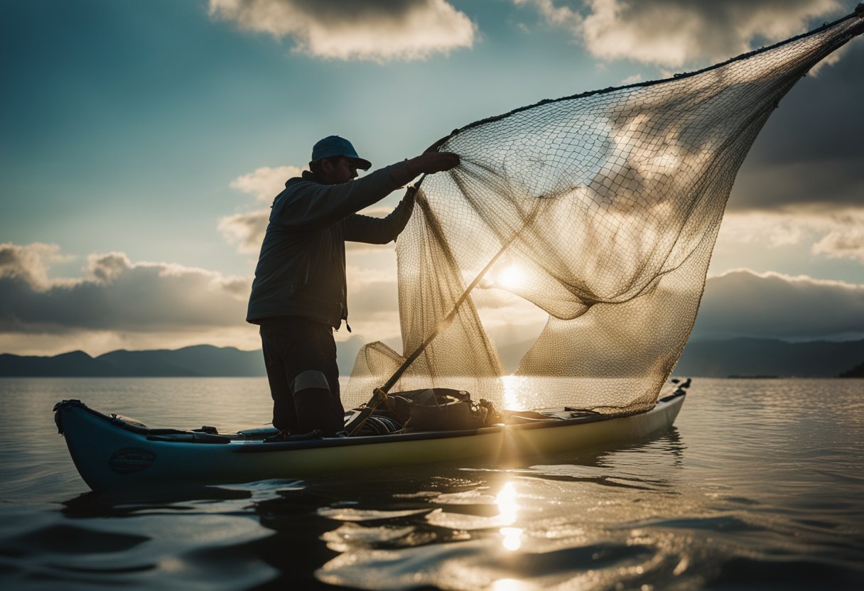 A fisherman casting a budget fishing net from a kayak into the sparkling saltwater
