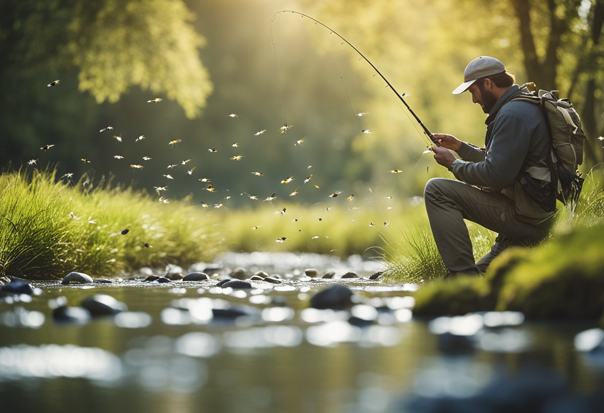 A serene riverbank with a fly fisherman casting a line, surrounded by a variety of handmade artificial fishing flies scattered on the ground