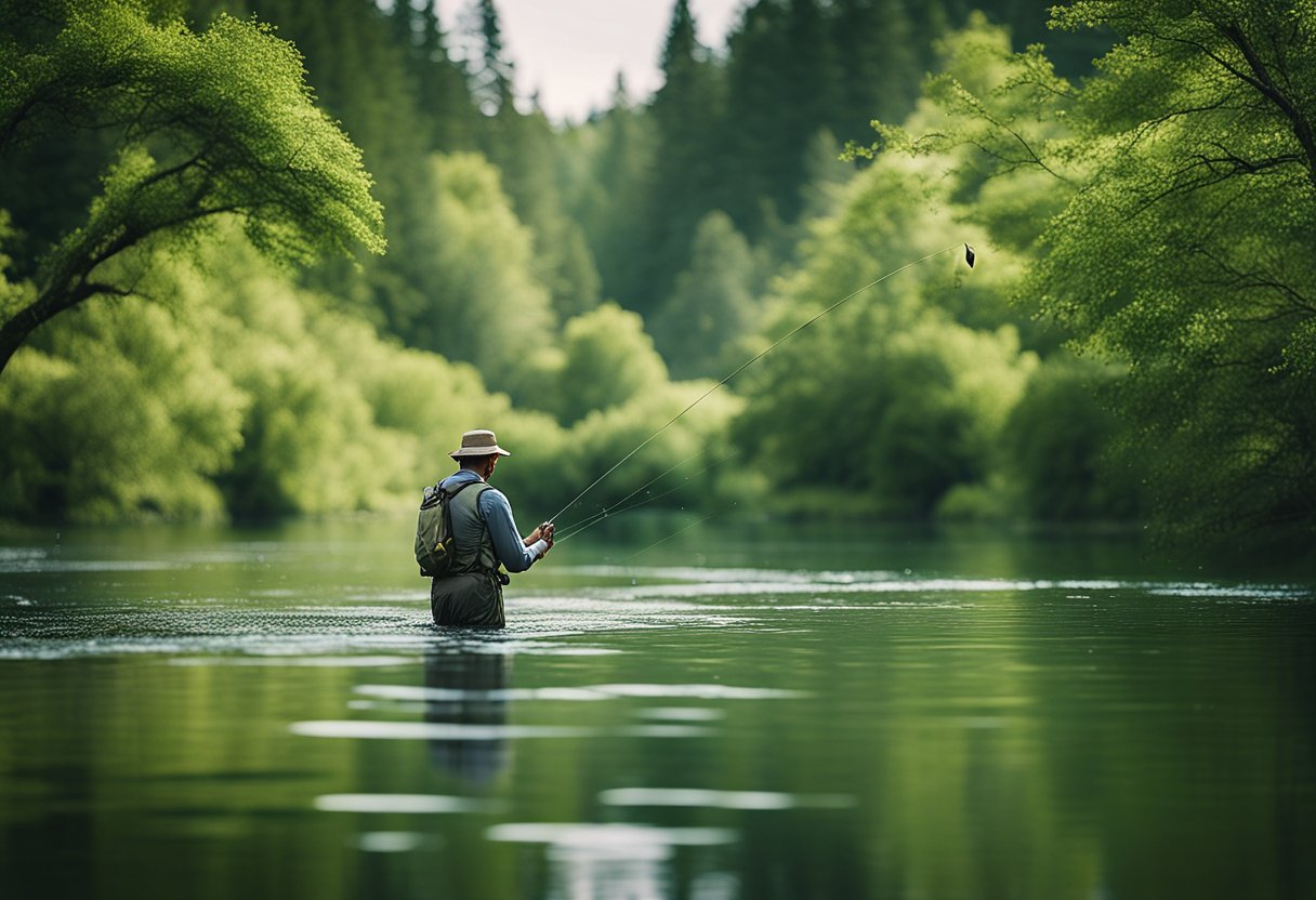 A serene river with a fly fisherman casting into the water, surrounded by lush greenery and the occasional splash of a fish catching a handmade fishing fly