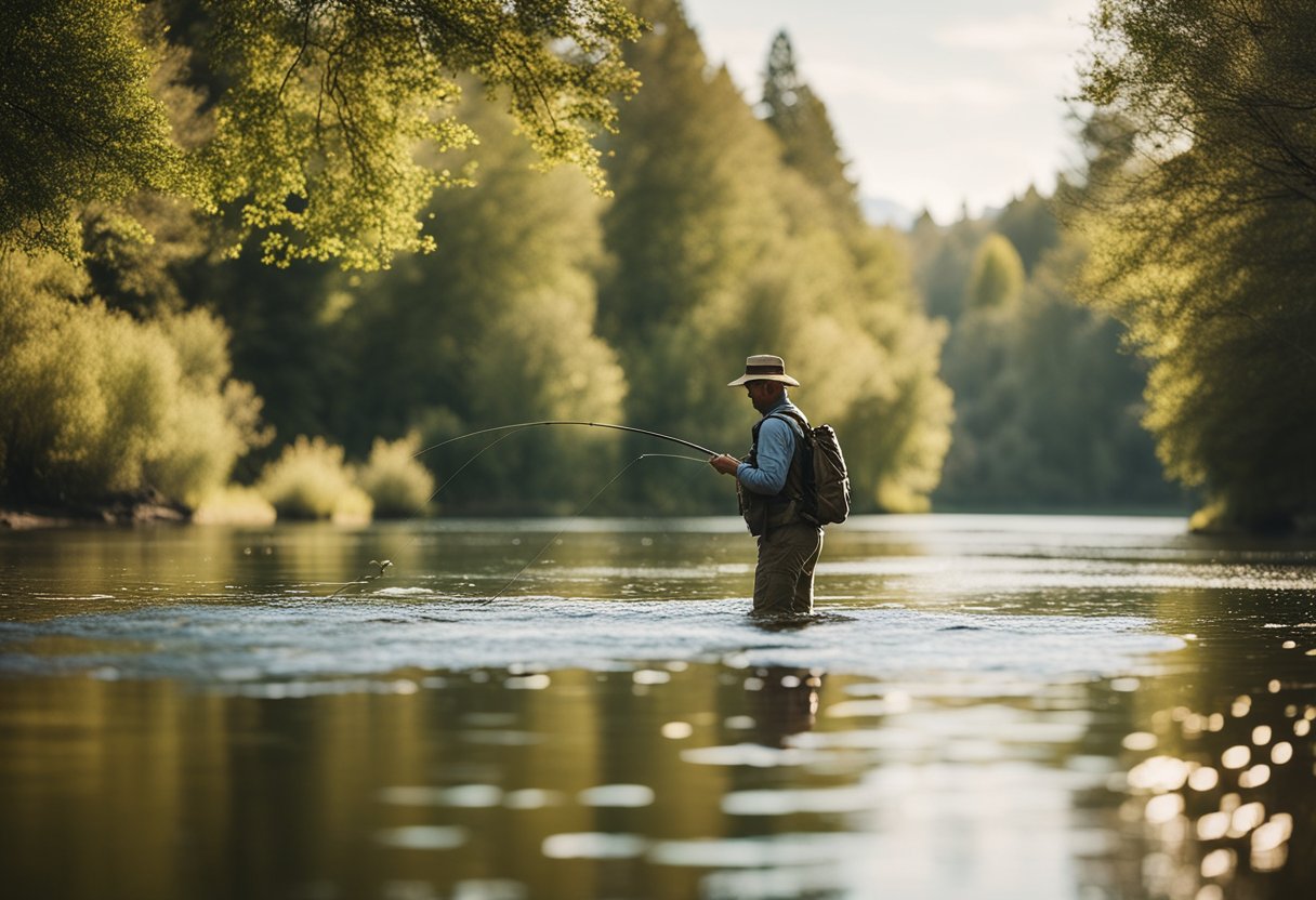 A tranquil river with a fly fisherman casting into the water, surrounded by various types of fishing flies and a picturesque natural backdrop