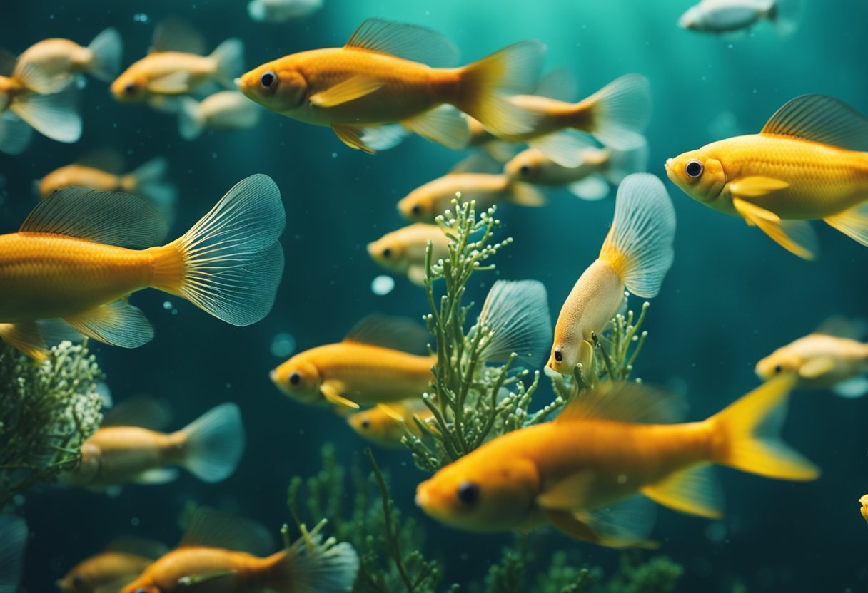 A vibrant underwater scene with various types of flies drifting in the water, surrounded by saltwater, carp, and salmon fish
