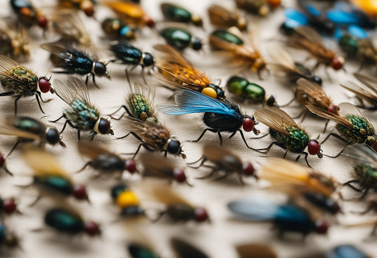 A colorful assortment of handmade fly flies, neatly arranged for sale, with a backdrop of a serene fishing spot