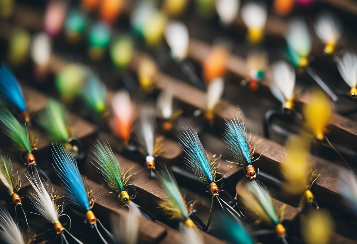 A colorful array of fly fishing lures hover above a bustling marketplace, showcasing handmade options for beginners and seasoned anglers alike