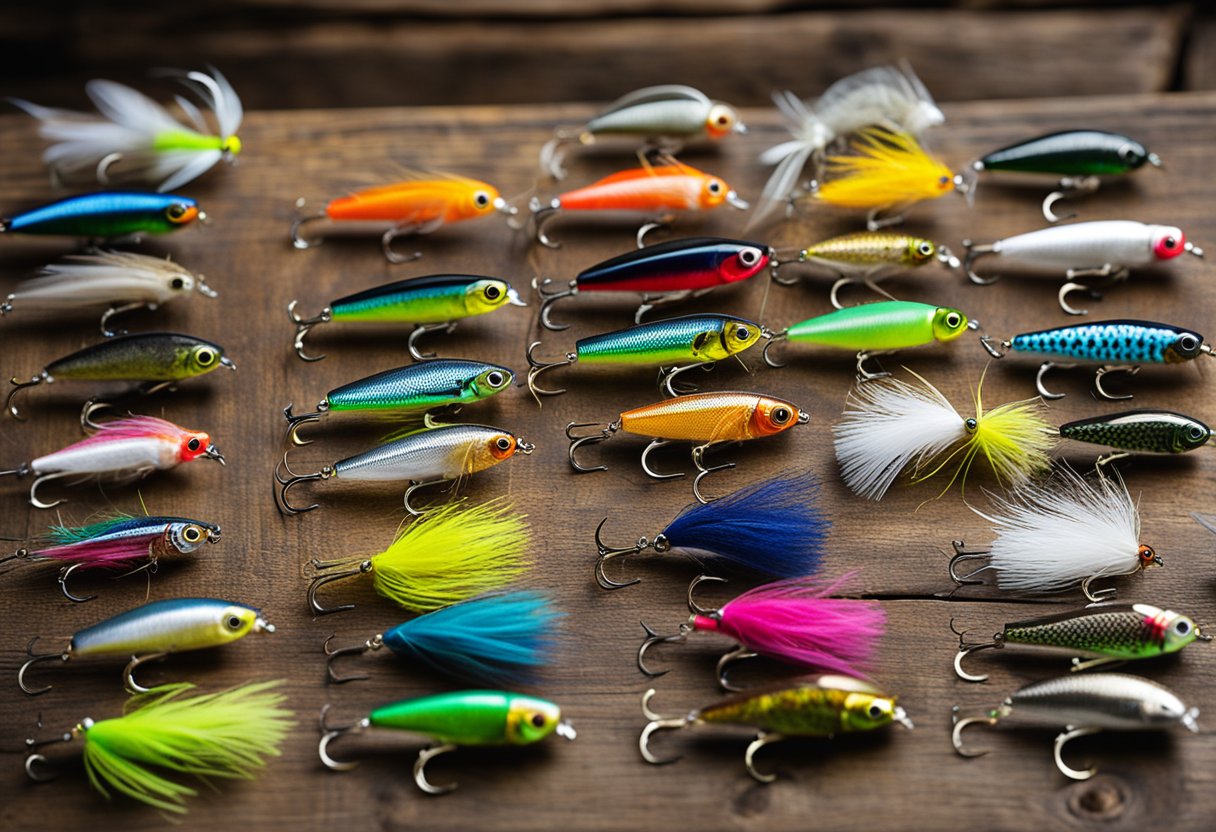 A vibrant array of fly fishing lures, each designed for specific types of fish, laid out on a weathered wooden table