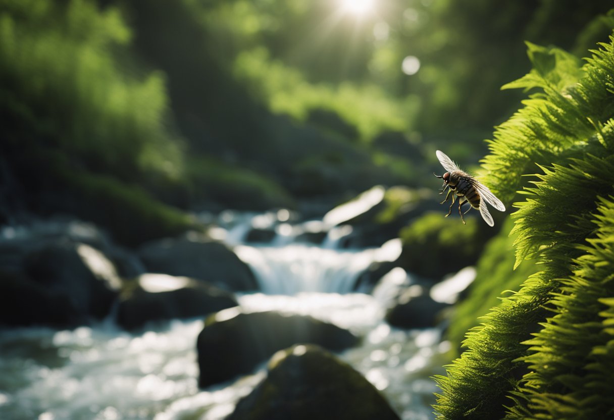 A vibrant fly hovers over a rushing mountain stream, with lush greenery in the background