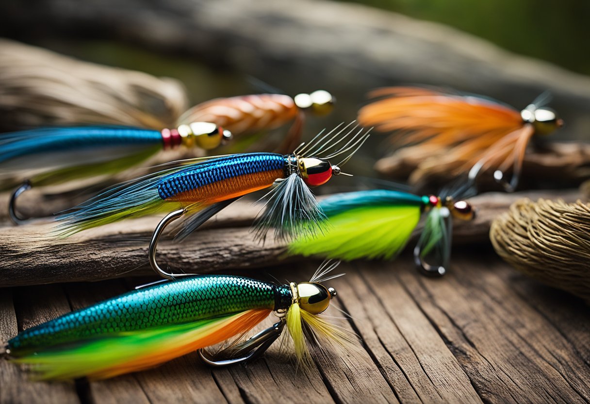 A collection of colorful fly fishing lures arranged on a rustic wooden table, with a backdrop of a serene mountain stream