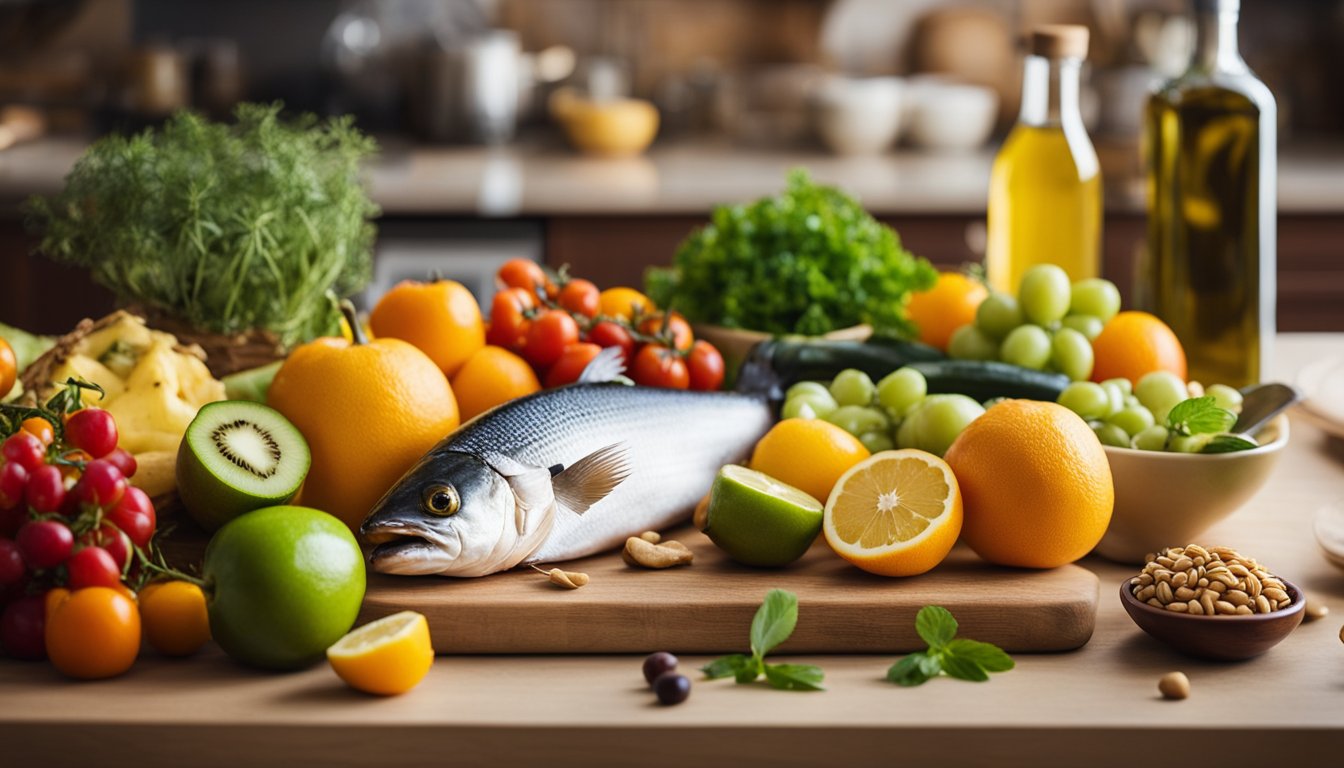 A vibrant kitchen counter with colorful fruits, vegetables, olive oil, whole grains, and fish, showcasing the key components of the Mediterranean diet