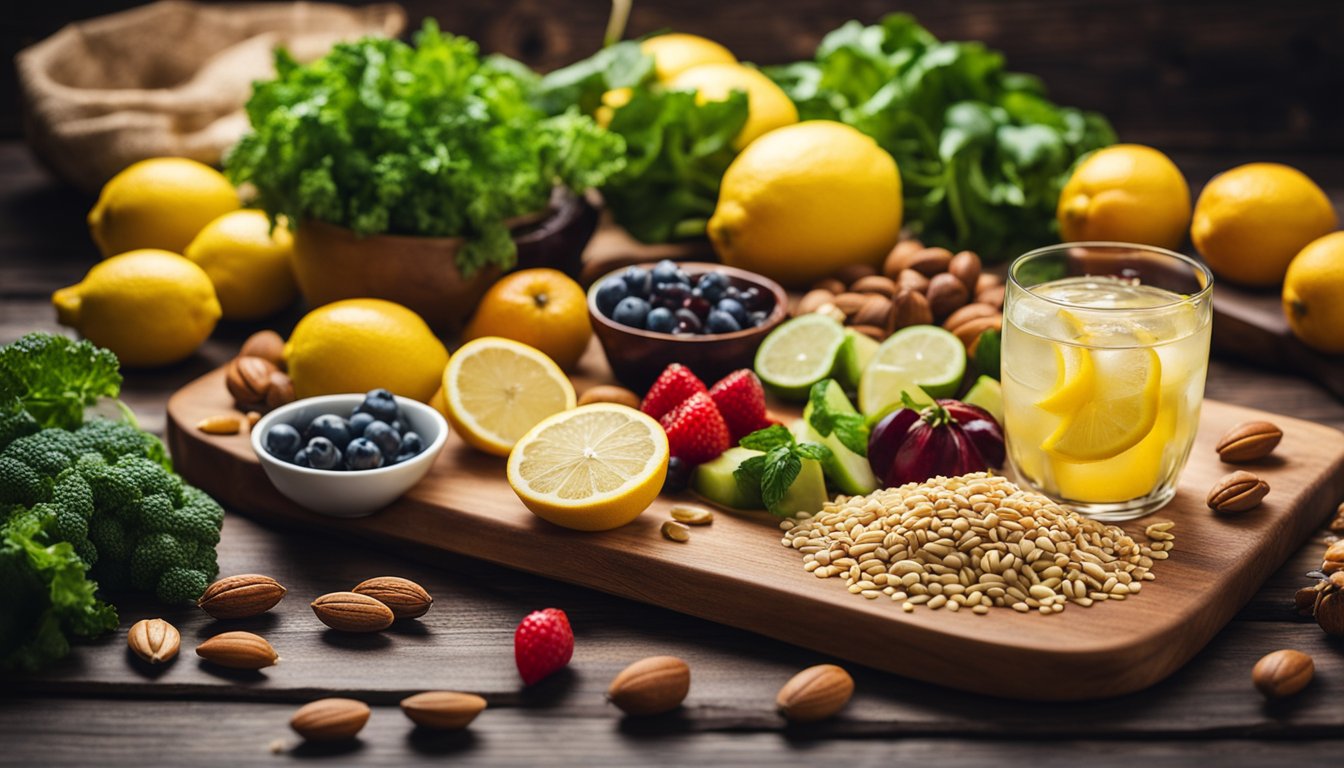 A colorful spread of fresh fruits, vegetables, nuts, and grains arranged on a wooden cutting board, with a glass of refreshing lemon-infused water next to it