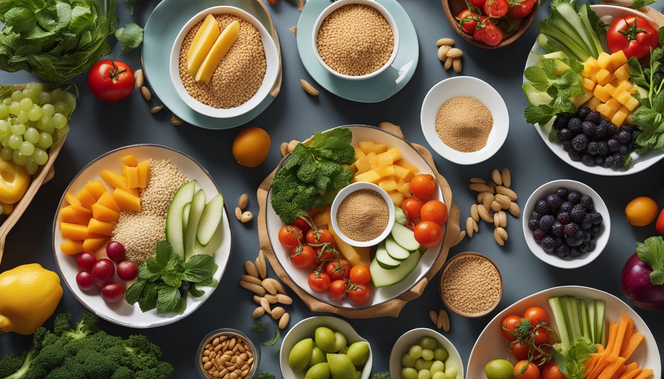 A colorful spread of fresh vegetables, fruits, whole grains, and lean proteins arranged on a vibrant Mediterranean-inspired table setting