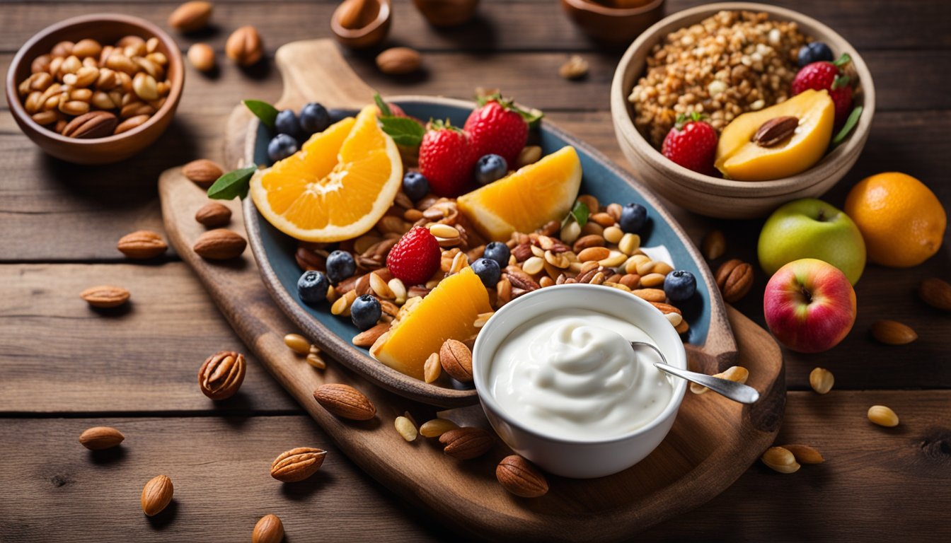 A colorful spread of fresh fruits, nuts, and grains arranged on a rustic wooden table, with a bowl of Greek yogurt and a drizzle of honey