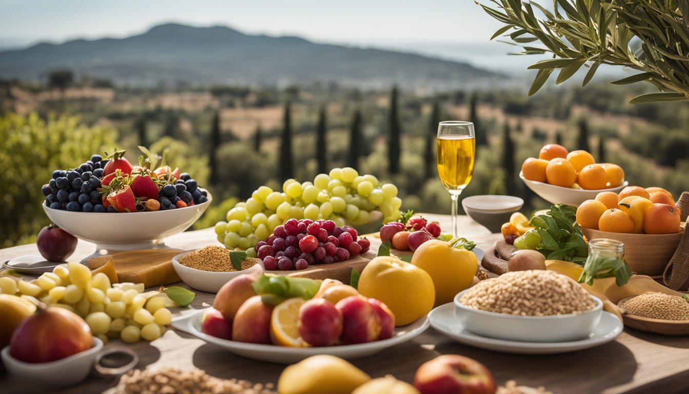 A table set with a colorful array of fresh fruits, vegetables, whole grains, and lean proteins, with a backdrop of olive trees and a sparkling sea