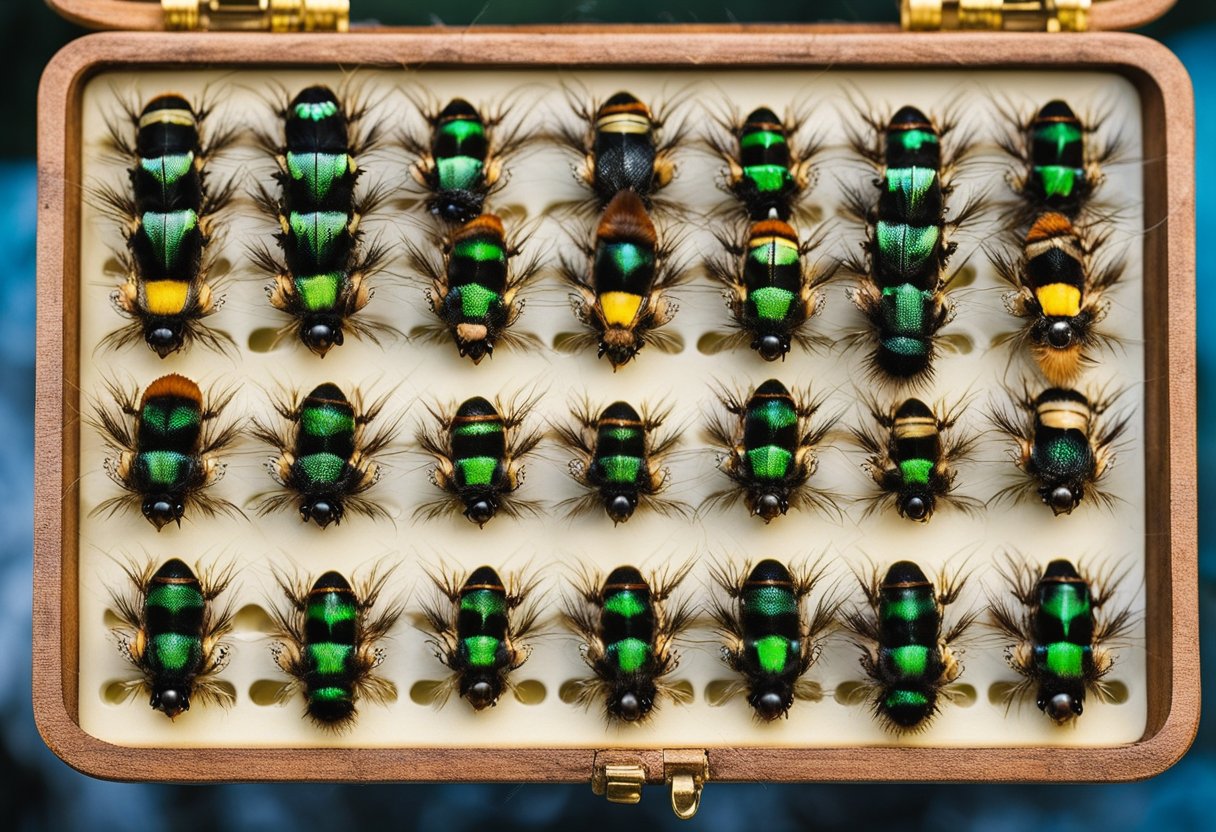 A collection of Euro nymphing flies arranged on a fly box, with various tactical nymphs and best nymphs for trout fishing displayed