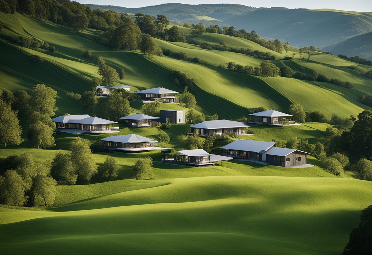 A serene countryside with 7 modern metal home kits nestled among rolling hills and lush greenery
