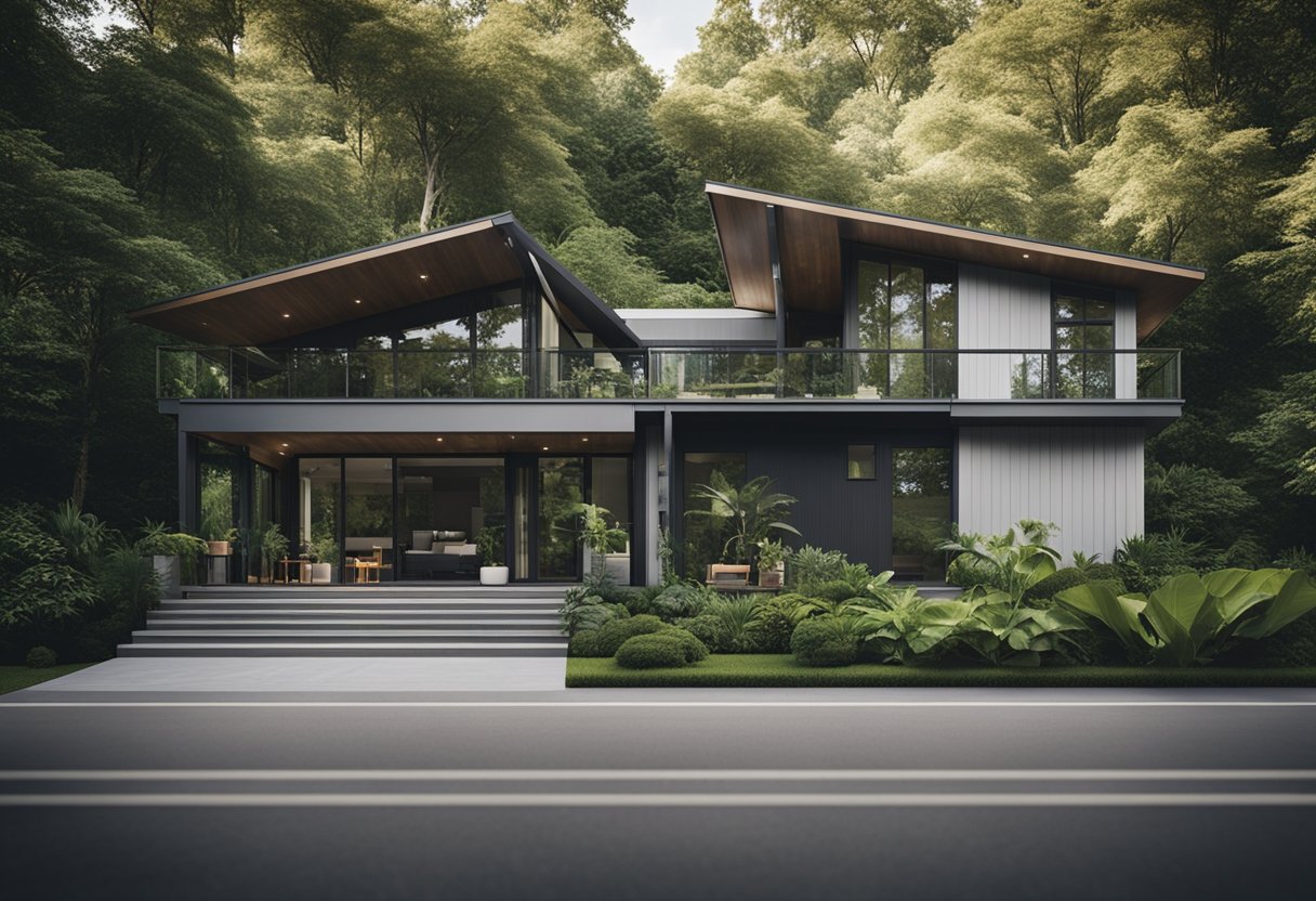 A modern metal home kit from Home Depot, surrounded by lush greenery and nestled in a serene natural setting