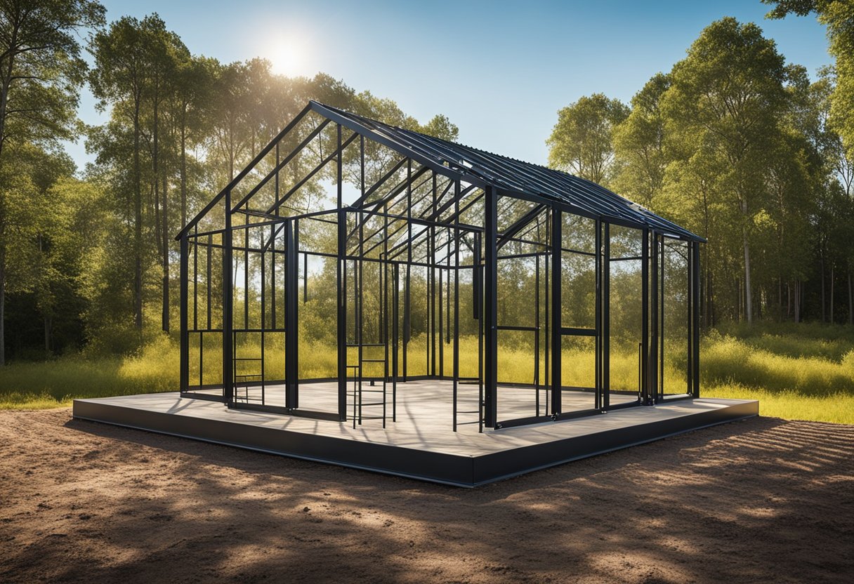 A steel frame house kit being assembled on a rural property, surrounded by trees and with a clear blue sky in the background