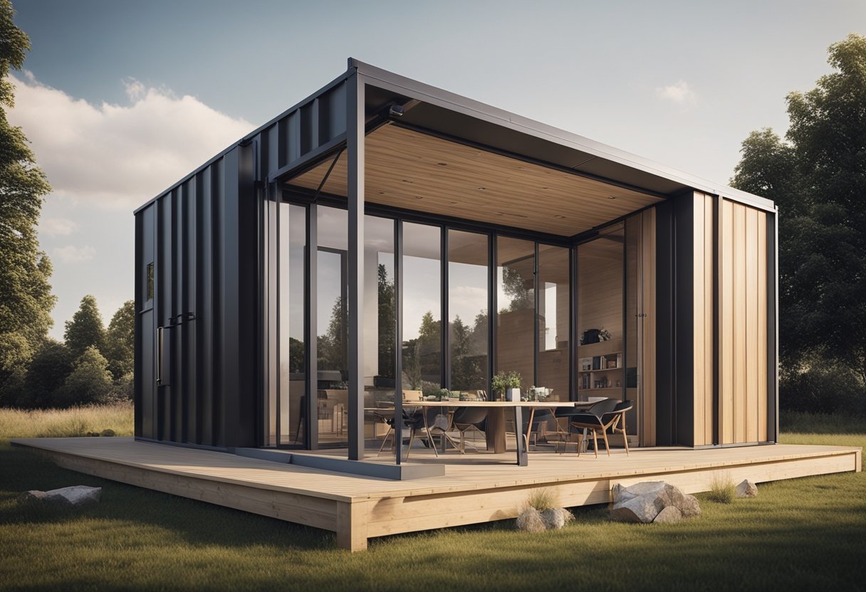 A modern prefab home kit being assembled on a spacious plot of land, with metal components being carefully put together to create the structure