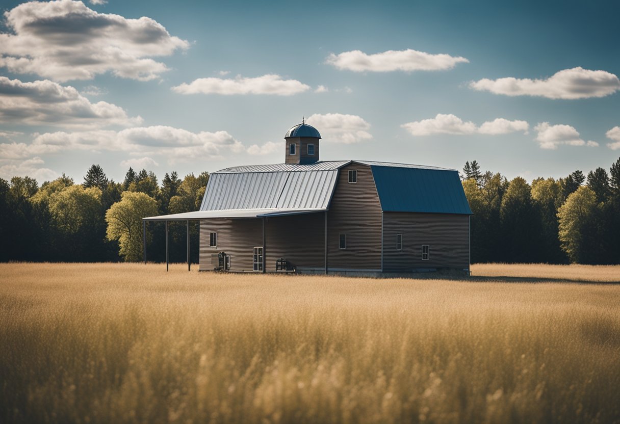 A 1000 sq ft barndominium kit surrounded by open land with clear blue skies and a few scattered trees in the background