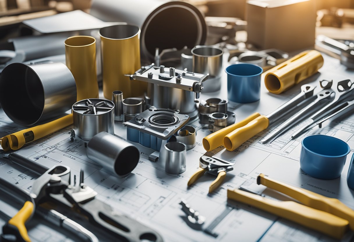 A metal home kit surrounded by construction tools and blueprints on a sunny lot with a clear sky