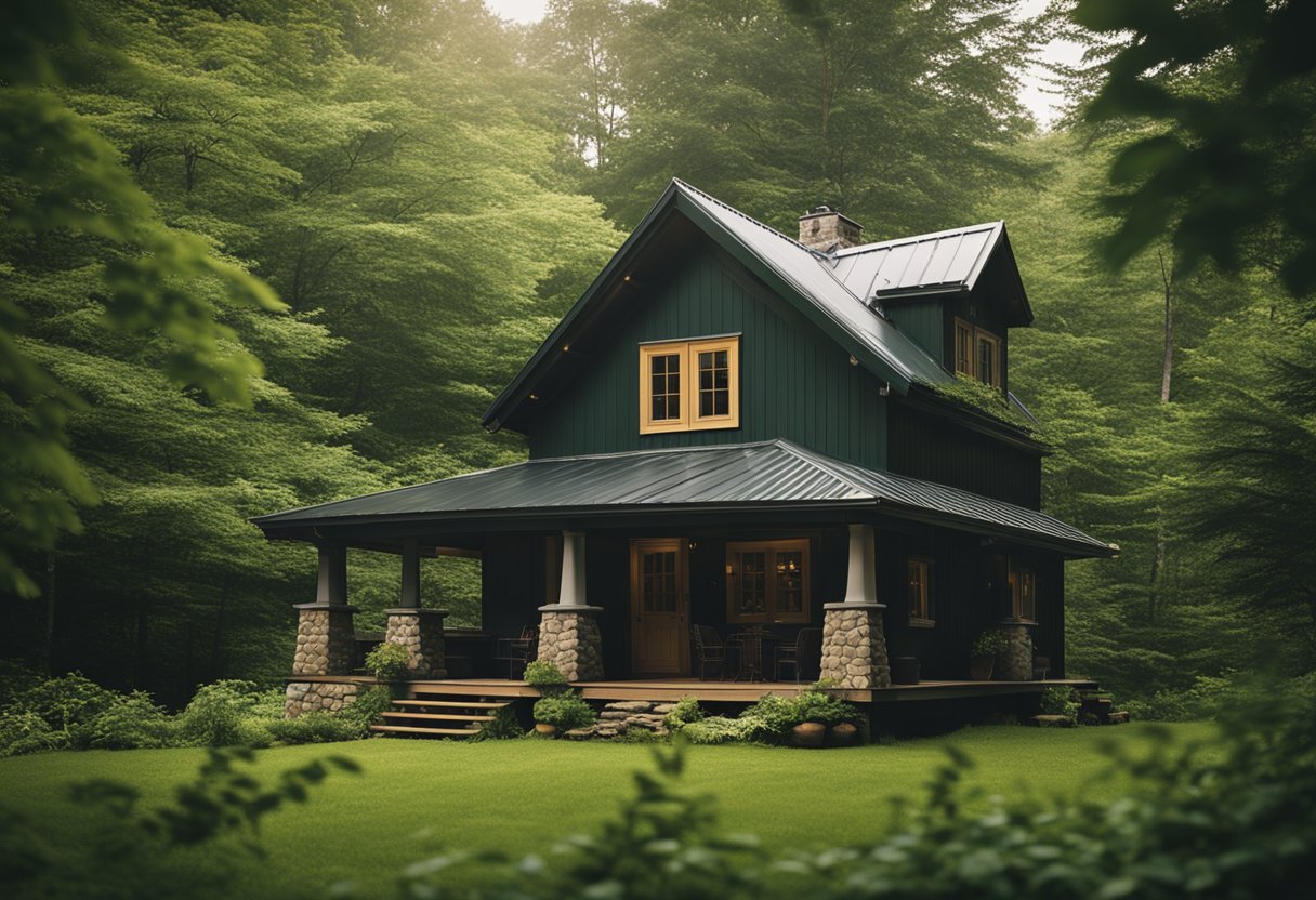 A cozy Vermont cabin surrounded by lush greenery, with a metal roof and warm, inviting exterior