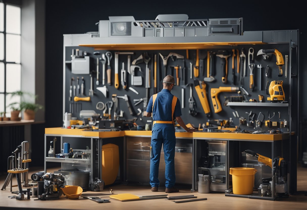 A person standing in front of a metal home kit, surrounded by various tools and materials, while carefully assessing their needs and considering the options available