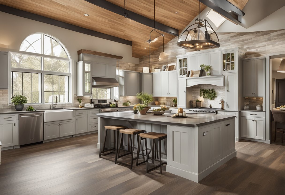 A barndominium floor plan being transformed with custom features, such as a spacious kitchen, open living area, and large windows for natural light