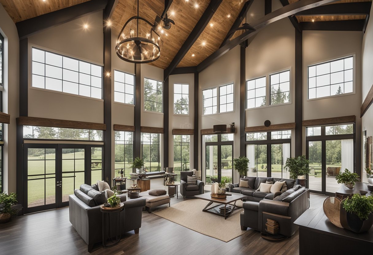 A spacious barndominium with open floor plan, high ceilings, and large windows. Customizable features such as a wrap-around porch and modern interior design