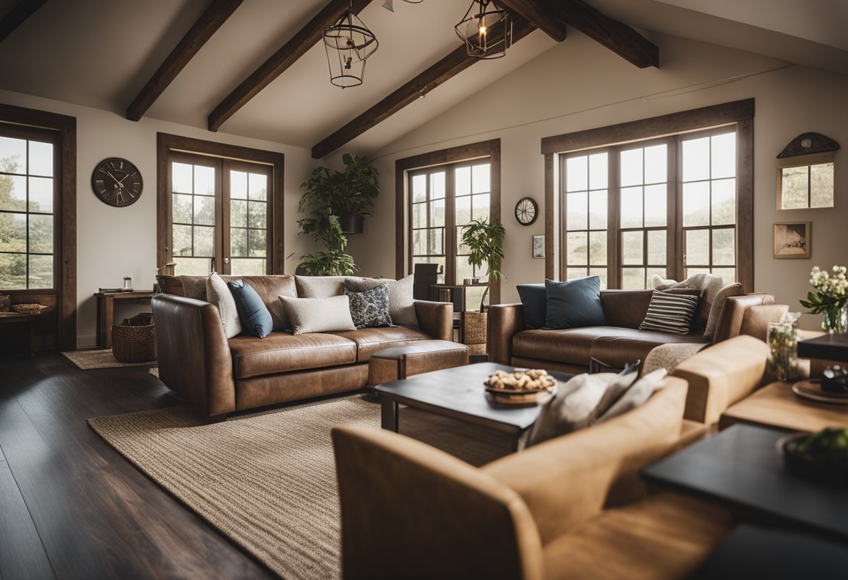 A cozy barndominium living room with a convertible sofa bed, folding dining table, and hidden storage compartments to maximize space