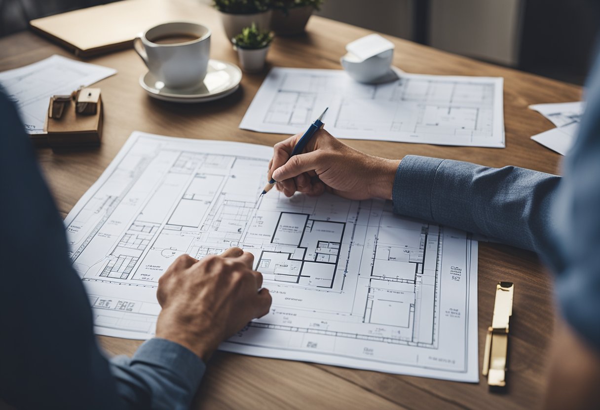 A person comparing different floor plans for a barndominium, with blueprints, a ruler, and pencil on a table