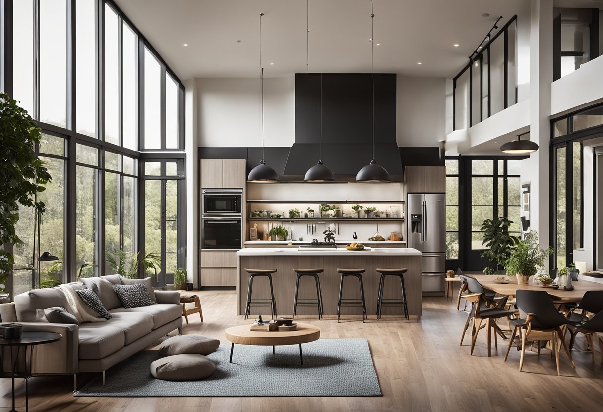 A spacious, open floor plan with high ceilings, large windows, and a modern kitchen leading into a cozy living area. A loft overlooks the main space, and a covered porch extends off the side