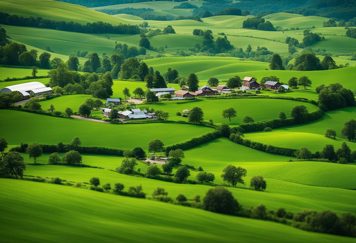 A sprawling countryside with various barndominiums nestled among rolling hills and lush greenery, each one designed to suit different budget and family sizes