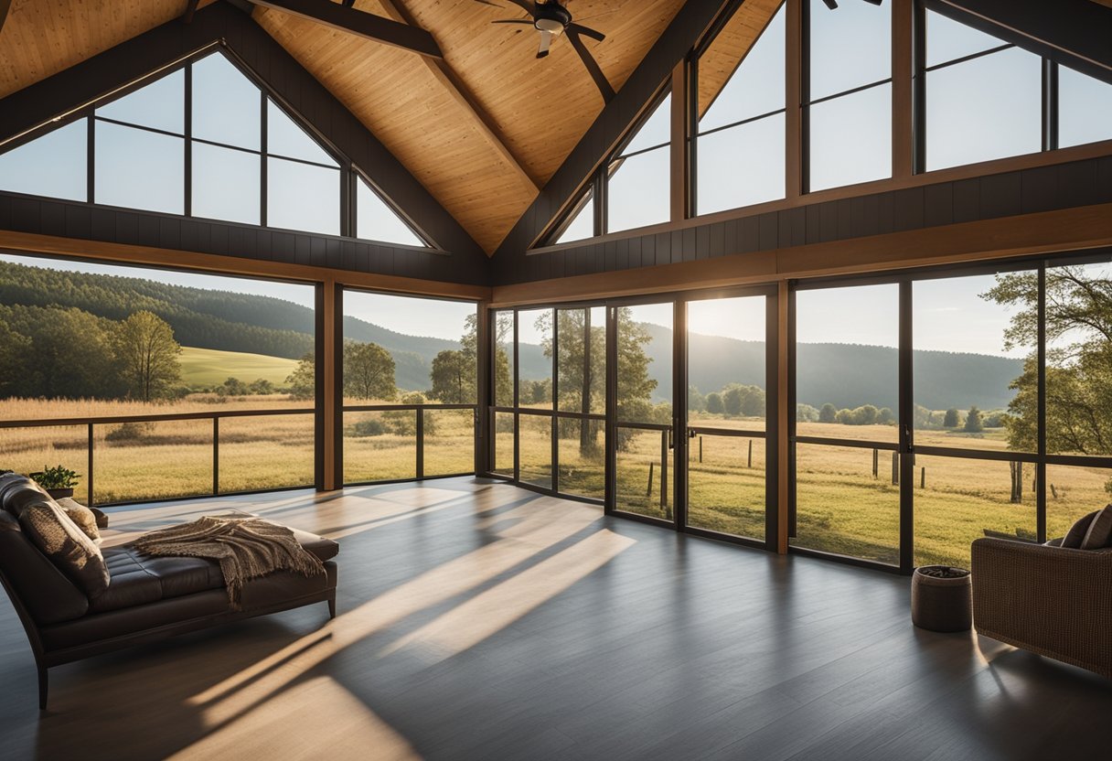 A spacious, modern barndominium with large windows, a wrap-around porch, and a metal roof set against a picturesque rural landscape