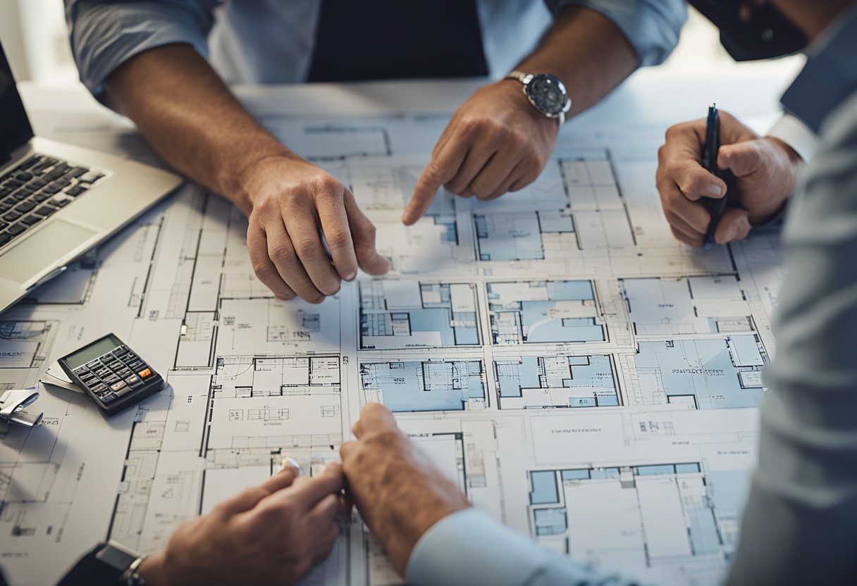 An architect and a homeowner discussing and customizing a barndominium plan, surrounded by blueprints, floor plans, and design samples
