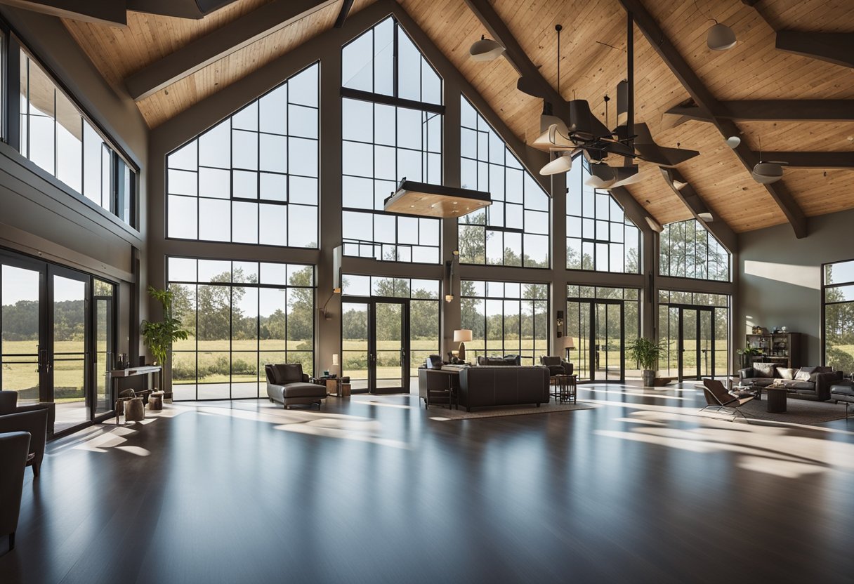 A spacious, modern barndominium with a large open floor plan, high ceilings, and plenty of natural light streaming in through the large windows