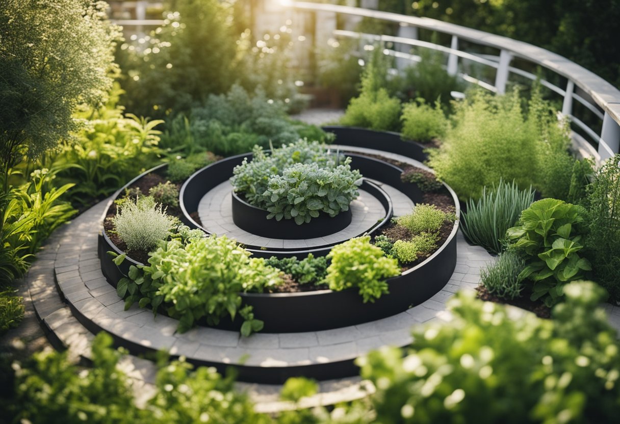 A spiral raised bed with various herbs, neatly arranged in a garden setting with surrounding plants and pathways