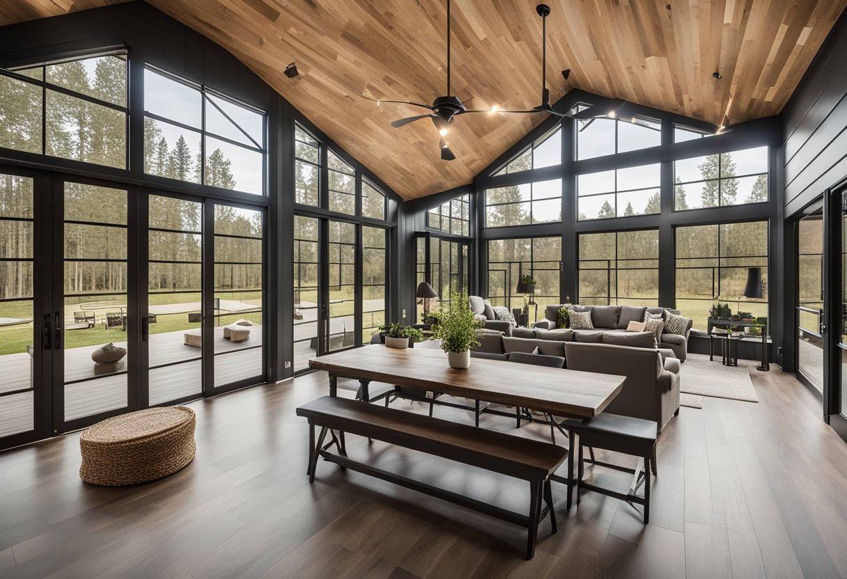 A spacious and modern barndominium with a large open living area, high ceilings, and plenty of natural light. The exterior features a combination of metal and wood, with a large porch and expansive windows