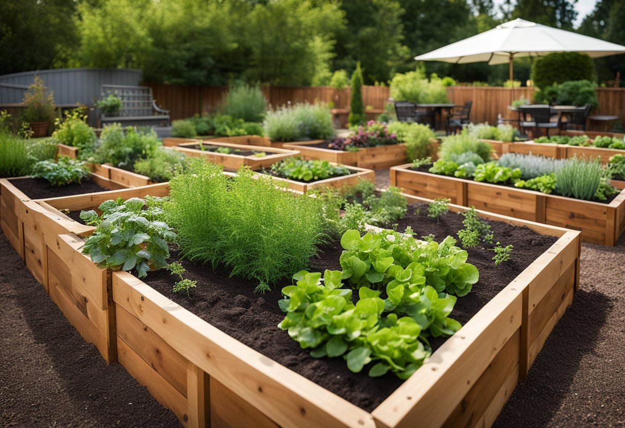 A variety of raised garden bed designs, including prefab options, arranged in a yard setting with diverse plantings and landscaping features