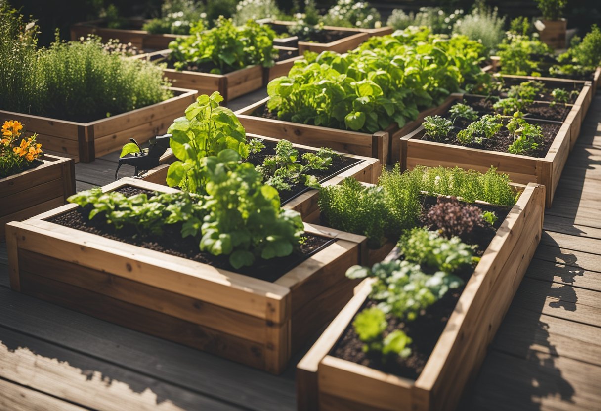 A variety of raised garden beds in different shapes and sizes, arranged in a modular kit for customization