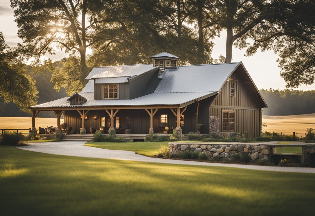 A cozy barndominium nestled among rolling hills, with a spacious front porch and a large, open-concept living area
