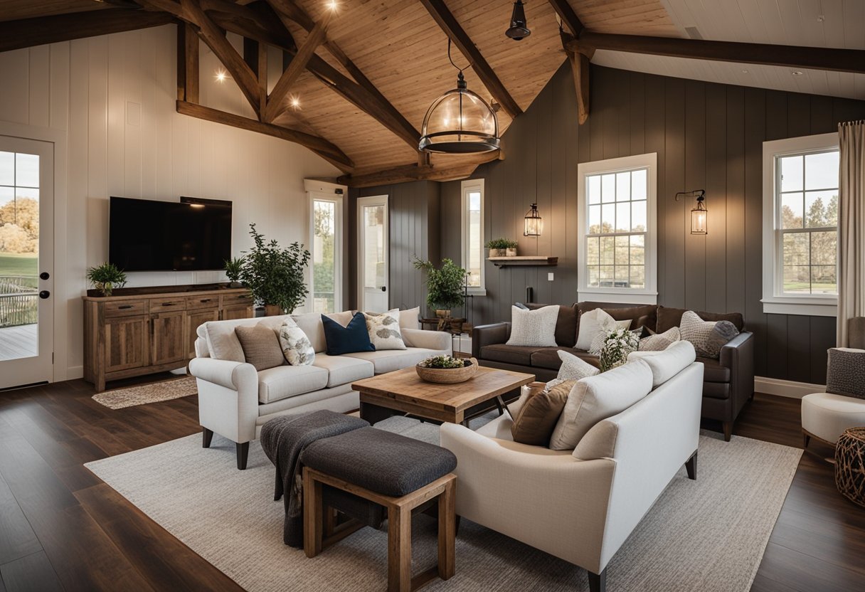 A small barndominium with a cozy interior, featuring open floor plan, high ceilings, rustic wood finishes, and a warm color scheme