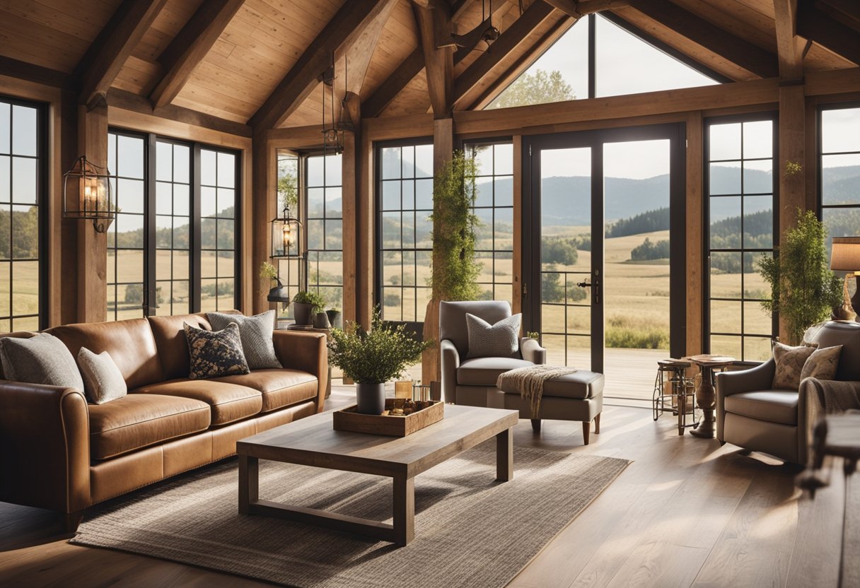 A cozy small barndominium with open floor plan, rustic wood beams, and large windows overlooking a scenic countryside. A warm color palette and comfortable furnishings create a welcoming atmosphere