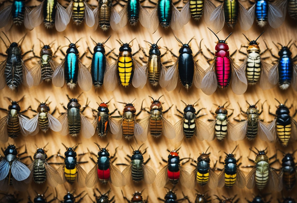 A collection of Euro nymphing flies arranged on a wooden fly box, with vibrant colors and intricate details, ready for tactical fly fishing