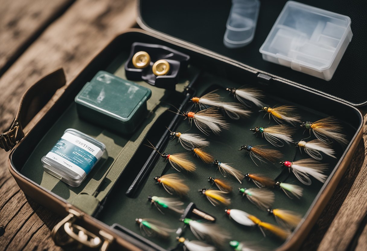 A waterproof flies box kit, barbless fly fishing kit, and realistic flies kit laid out next to a fly fishing travel kit