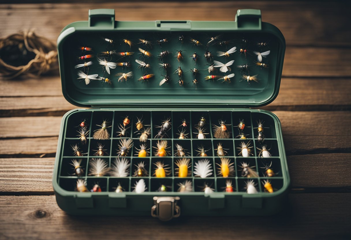 A waterproof fly box sits open, revealing an assortment of barbless, realistic, and travel flies essential for fly fishing