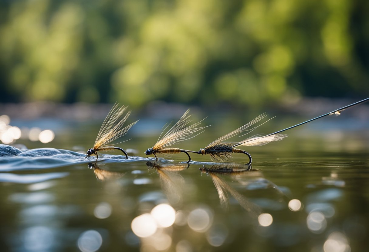 A serene riverbank with a fly fishing kit open, showcasing waterproof flies, barbless hooks, and realistic fly patterns